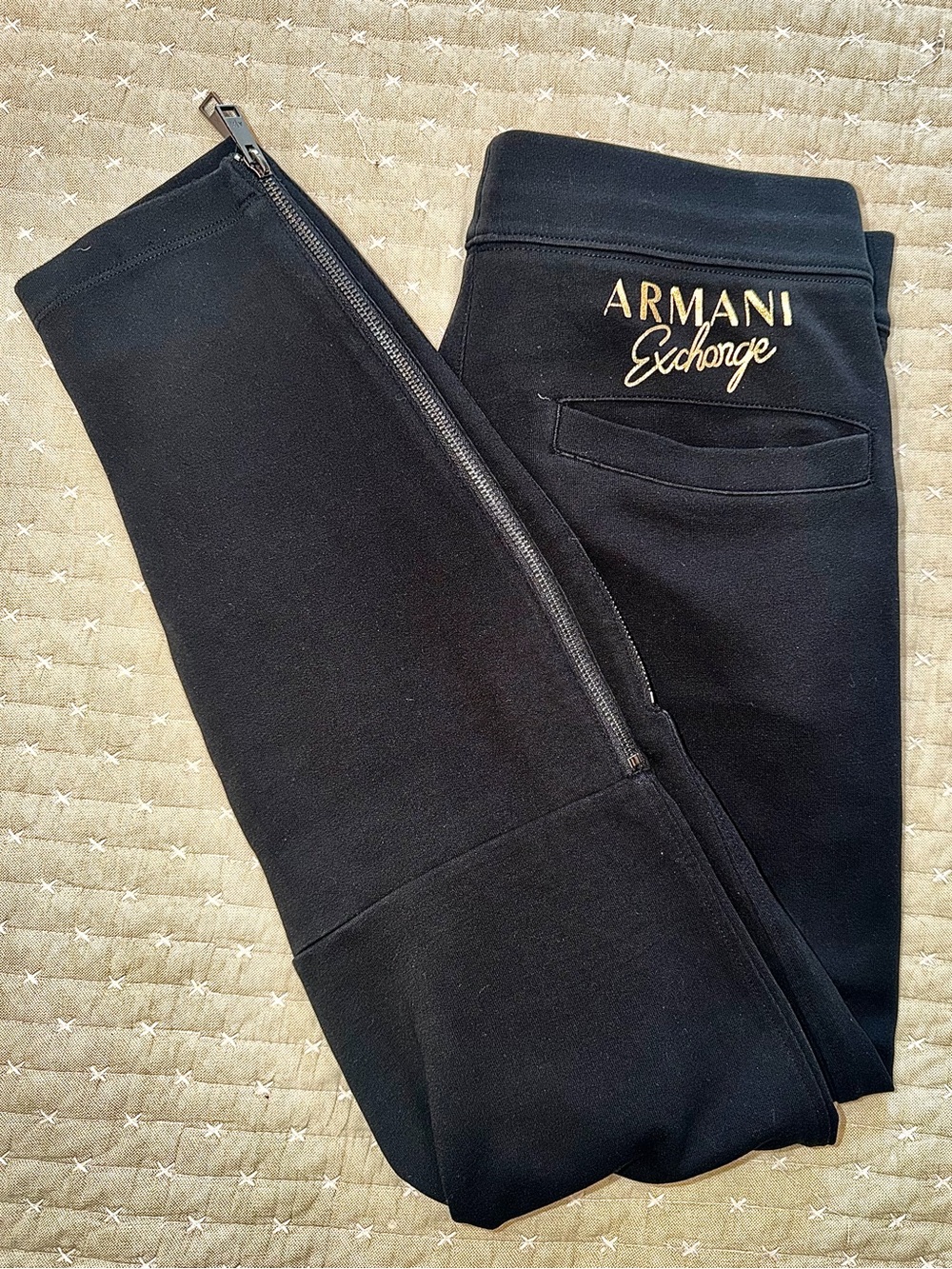 Armani Exchange Mens Black Ankle Zip Sweatpants Gold Script Logo Size XS